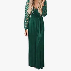 Emerald green maxi dress with lace bell style sleeve